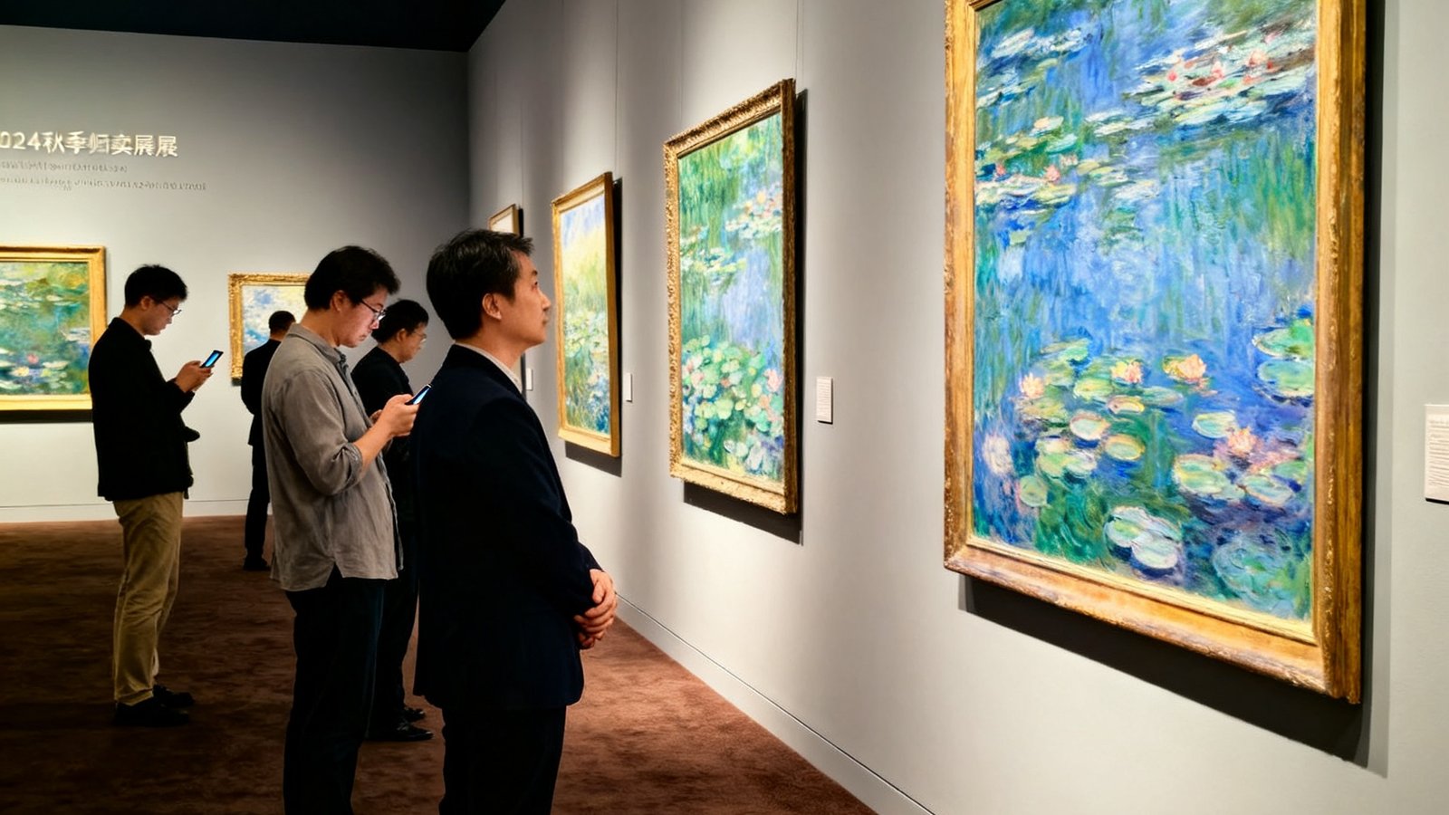 2024年秋季拍卖预展现场，莫奈睡莲系列画作在柔和的博物馆灯光下展示，参观者静默欣赏