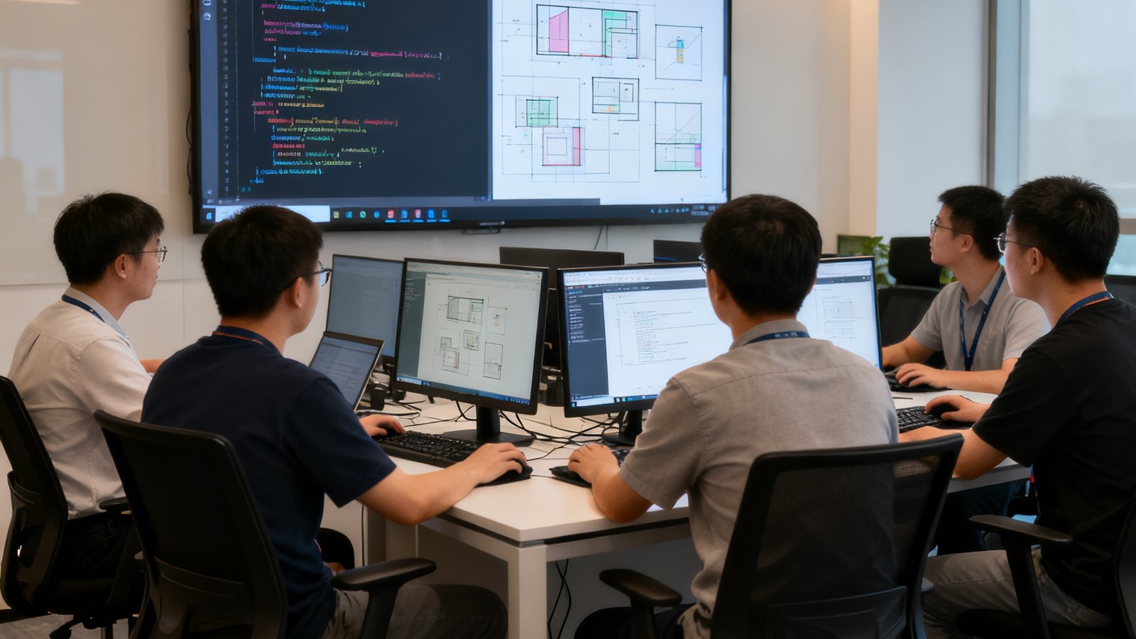PA贵宾厅技术团队成员在办公室协作开发PADMS系统新功能模块，大屏幕显示代码和设计稿