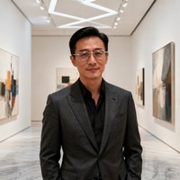一位三十多岁的年轻华人男性收藏家，戴眼镜，身后是充满设计感的当代艺术展厅空间